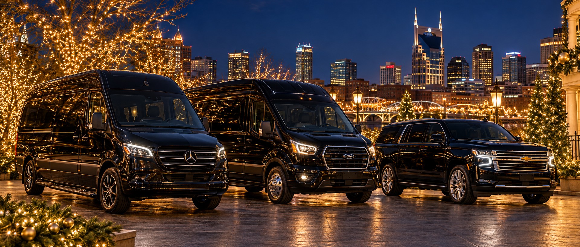 Holiday illustration of black Sprinters and an SUV surrounded by warm Christmas lights in Nashville