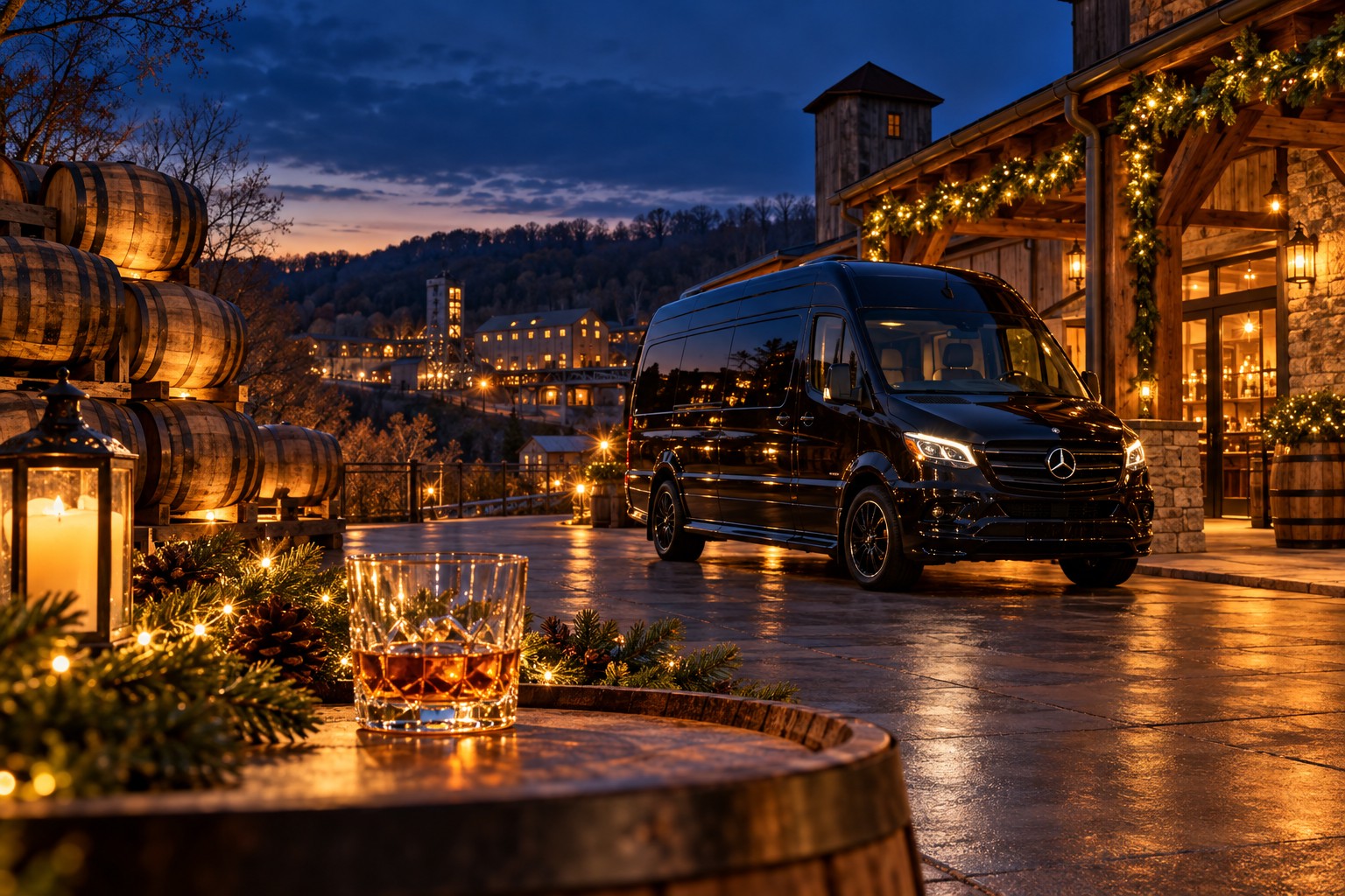 Illustrative holiday whiskey outing with a black Sprinter, oak barrels and warm festive lights