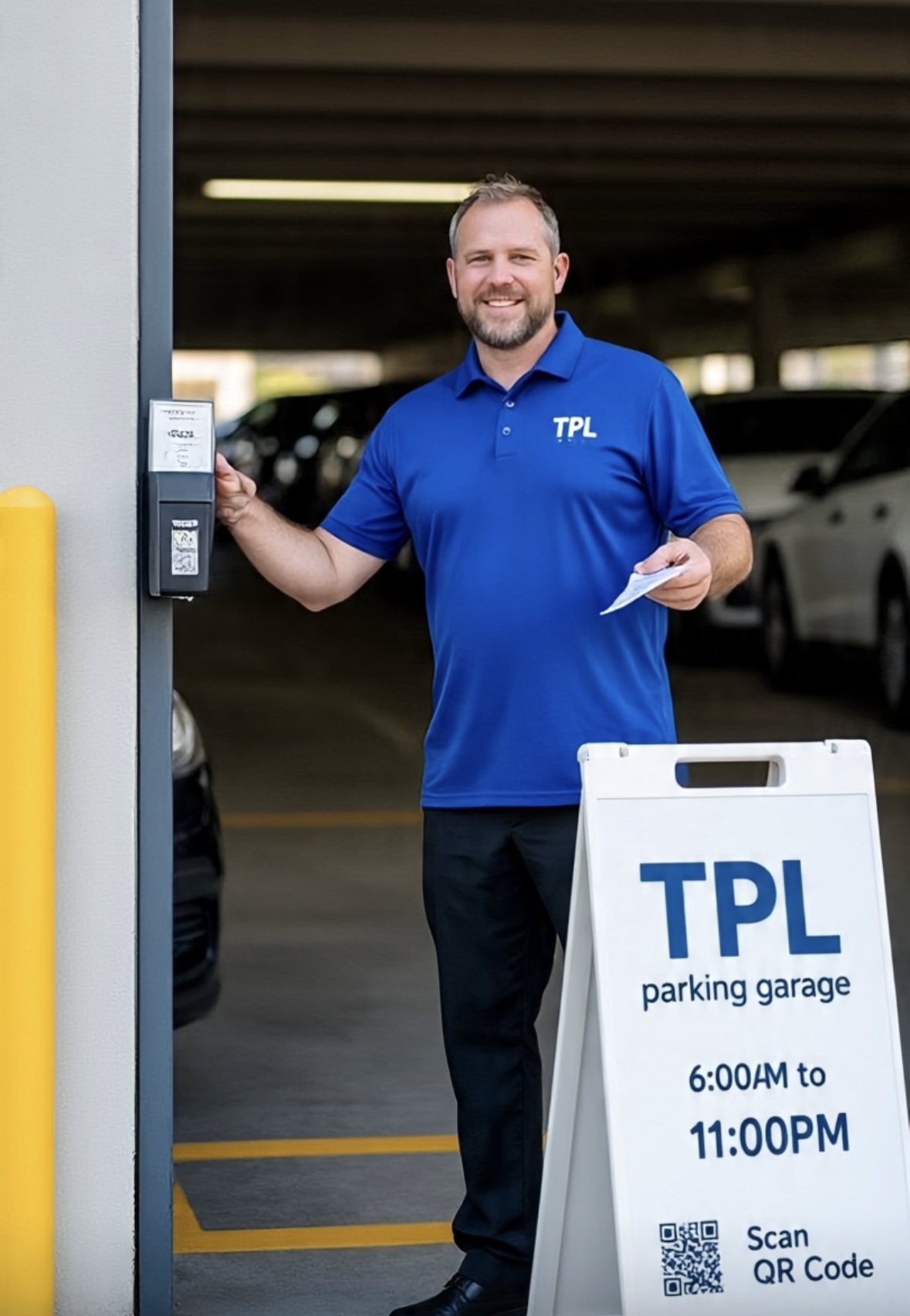 TPL attendant in a blue polo greeting guests at a parking garage