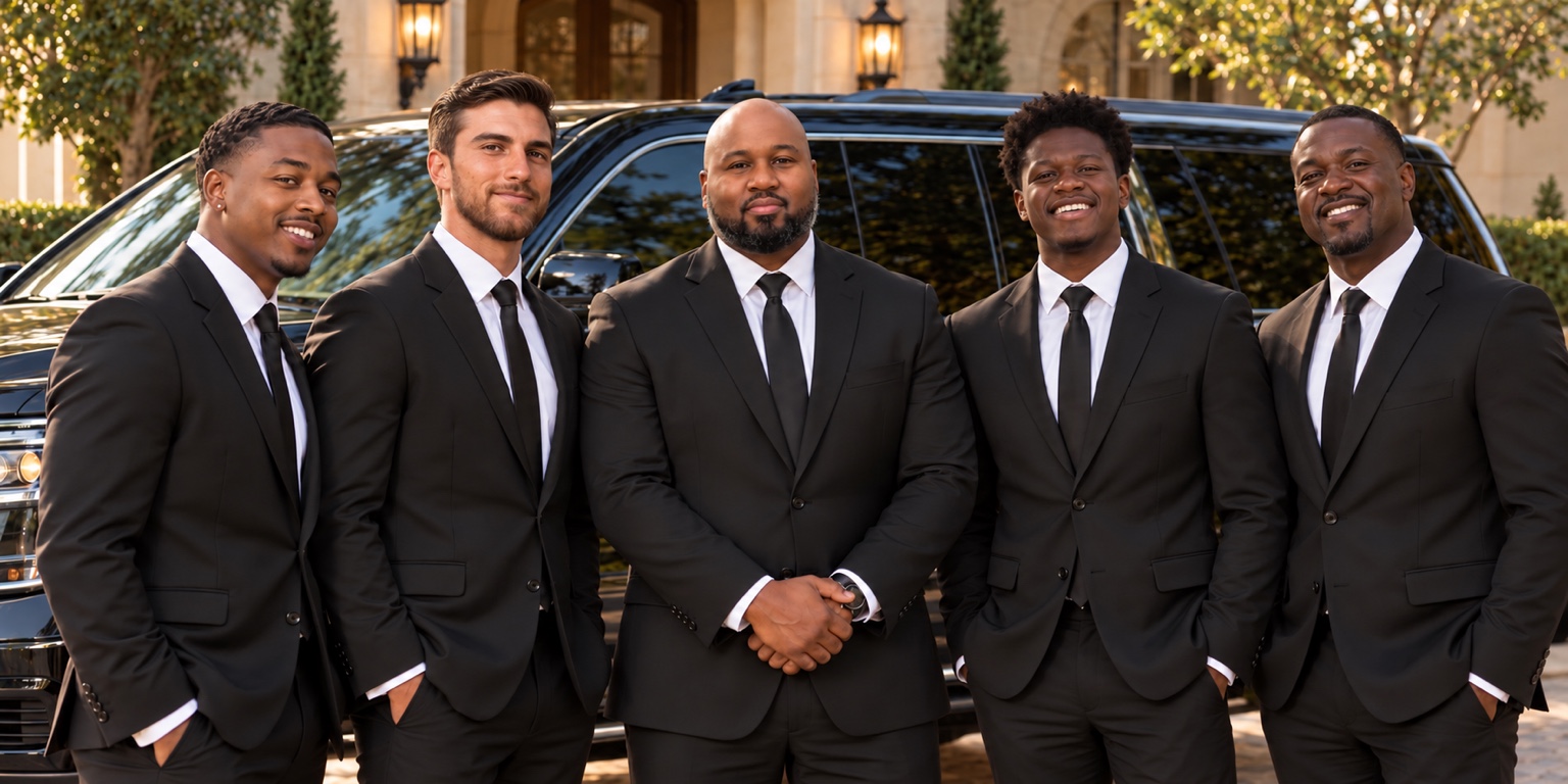Five members of TPL’s team in black suits and white shirts standing together in front of a black SUV